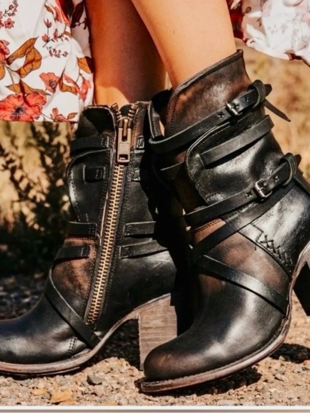 Freebird by Steven Baker NEW Black distressed Strap/Zip Women's Boots Size 7 - Picture 2 of 15